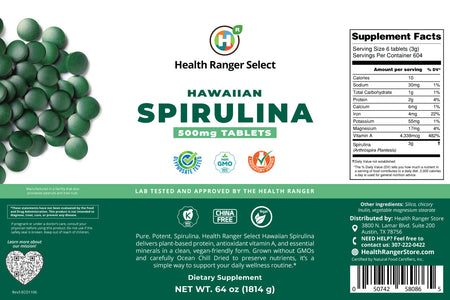 Hawaiian Spirulina Cold Pressed 500mg Tablets (64oz, 1814g), approximately 3628 tablets  (#10 Can)