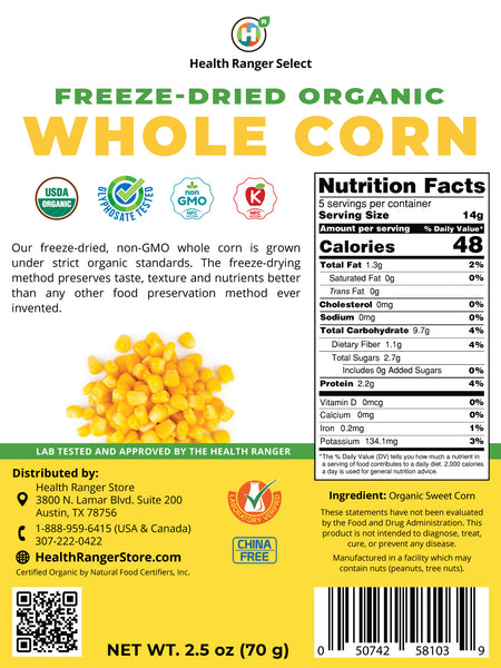 Freeze-Dried Organic Whole Corn 2.5 oz (70g) (6-Pack)