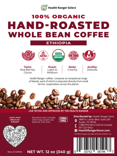 100% Organic Hand-Roasted Whole Bean Coffee (Ethiopia) 12oz, 340g