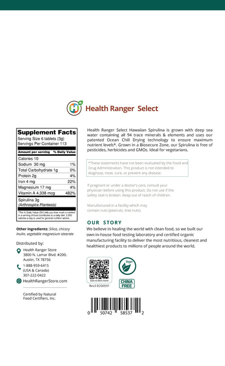 Hawaiian Spirulina Cold Pressed 500mg Tablets 12 oz (340g)