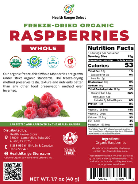 Organic Freeze-Dried Whole Raspberries 1.7 oz (48g)
