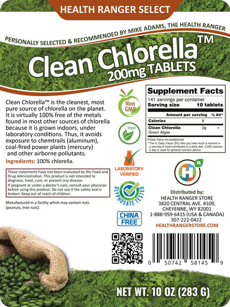 Clean Chlorella 200mg Tablets (10oz, 283g), approximately 1415 tablets
