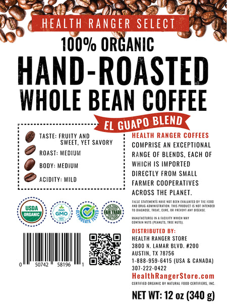 100% Organic Hand-Roasted Whole Bean Coffee (El Guapo Blend) 12oz, 340g