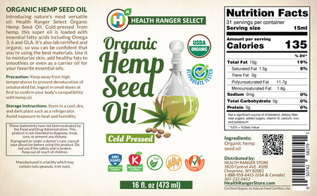 Organic Hemp Seed Oil - Cold-Pressed 16 fl oz (473ml)