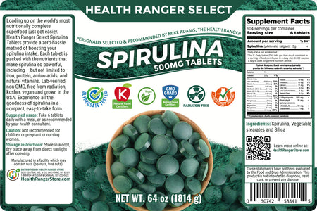 Health Ranger Select Spirulina 500mg Tablets 64oz (1814g) #10 can