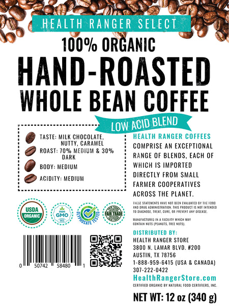 100% Organic Hand-Roasted Whole Bean Coffee (Low Acid Blend) 12oz, 340g