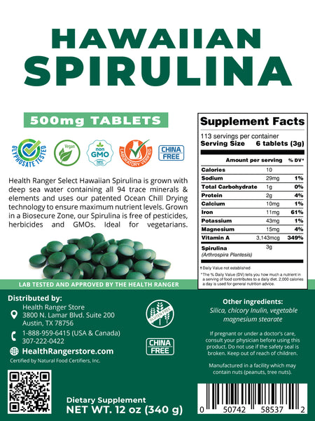 Hawaiian Spirulina Cold Pressed 500mg Tablets 12 oz (340g) (3-Pack)