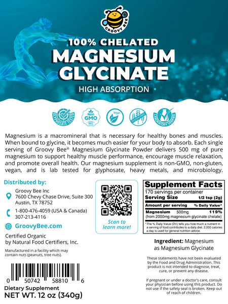 Magnesium Glycinate High Absorption Powder 12 oz (340 g) (6-Pack)
