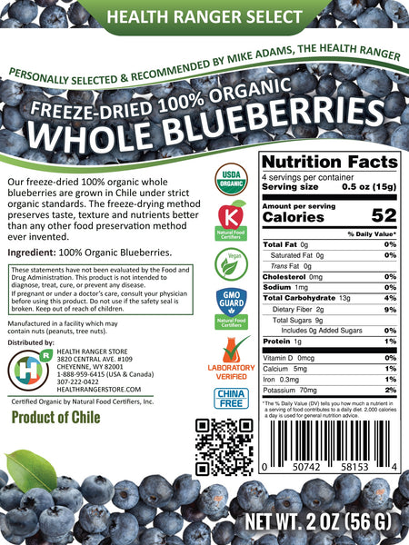 Freeze-Dried Organic Whole Blueberries (2oz)